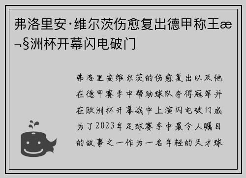 弗洛里安·维尔茨伤愈复出德甲称王欧洲杯开幕闪电破门